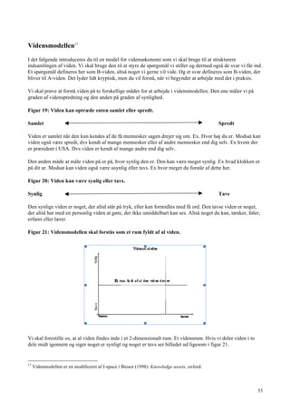 53
Vidensmodellen17
I det følgende introduceres du til en model for vidensøkonomi som vi skal bruge til at strukturere
indsamlingen af viden. Vi skal bruge den til at styre de spørgsmål vi stiller og dermed også de svar vi får ind.
Et spørgsmål defineres her som B-viden, altså noget vi gerne vil vide. Og et svar defineres som B-viden, der
bliver til A-viden. Det lyder lidt kryptisk, men du vil forstå, når vi begynder at arbejde med det i praksis.
Vi skal prøve at forstå viden på to forskellige måder for at arbejde i vidensmodellen. Den ene måler vi på
graden af videnspredning og den anden på graden af synlighed.
Figur 19: Viden kan optræde enten samlet eller spredt.
Samlet Spredt
Viden er samlet når den kun kendes af de få mennesker sagen drejer sig om. Ex. Hvor høj du er. Modsat kan
viden også være spredt, dvs kendt af mange mennesker eller af andre mennesker end dig selv. Ex hvem der
er præsident i USA. Dvs viden er kendt af mange andre end dig selv.
Den anden måde at måle viden på er på, hvor synlig den er. Den kan være meget synlig. Ex hvad klokken er
på dit ur. Modsat kan viden også være usynlig eller tavs. Ex hvor meget du forstår af dette her.
Figur 20: Viden kan være synlig eller tavs.
Synlig Tavs
Den synlige viden er noget, der altid står på tryk, eller kan formidles med få ord. Den tavse viden er noget,
der altid har med en personlig viden at gøre, der ikke umiddelbart kan ses. Altså noget du kan, tænker, føler,
erfarer eller lærer.
Figur 21: Vidensmodellen skal forstås som et rum fyldt af al viden.
Vi skal forestille os, at al viden findes inde i et 2-dimensionalt rum. Et vidensrum. Hvis vi deler viden i to
dele midt igennem og siger noget er synligt og noget er tavs ser billedet ud ligesom i figur 21.
17
Videnmodellen er en modificeret af I-space i Biosot (1998): Knowledge assets, oxford.
 