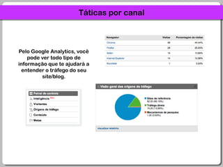 Táticas por canalPelo Google Analytics, você pode ver todo tipo de informação que te ajudará a entender o tráfego do seu site/blog.