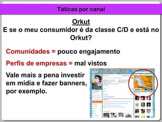 Táticas por canalOrkutE se o meu consumidor é da classe C/D e está noOrkut?Comunidades = pouco engajamentoPerfis de empresas = mal vistosVale mais a pena investirem mídia e fazer banners,por exemplo.