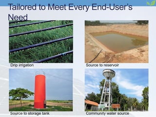 Tailored to Meet Every End-User’s
Need
Drip irrigation Source to reservoir
Source to storage tank Community water source
 