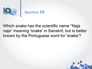 Which snake has the scientific name “Naja
naja” meaning 'snake' in Sanskrit, but is better
known by the Portuguese word for 'snake'?
Question 15
 