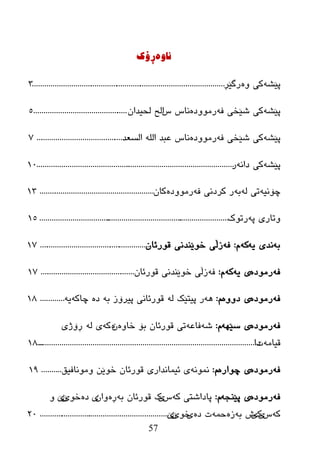 57
ٖٚ‫ٔا‬‌‌‫ڕۆن‬
ٗ‫پێػ‬ٖٚ ‫وی‬‫رگێڕ‬................................................................................................3‌
ٗ‫پێػ‬‫وی‬ٗ‫ف‬ ٝ‫غێط‬ٖ‫رِٛٚظ‬‫ٔبش‬‫ش‬ْ‫ٌسیعا‬ ‫اٌر‬...............................................5
ٗ‫پێػ‬‫وی‬ٗ‫ف‬ ٝ‫غێط‬ٖ‫رِٛٚظ‬‫ٔبش‬‫اٌطؼع‬ ٌٍٗ‫ا‬ ‫ػجع‬...........................................7
ٗ‫پێػ‬‫وی‬ٗٔ‫ظا‬‫ر‬..................................................................................................10
ٗ‫چۆٔی‬‫ری‬ٌٗٗ‫ث‬ٗ‫ف‬ ‫ورظٔی‬ ‫ر‬ٖ‫رِٛٚظ‬ْ‫وب‬.........................................................13
ٗ‫پ‬ ‫ٚربری‬‫ررٛن‬..............................................................................................15
ٗ‫ث‬ٗ‫ی‬ ‫ٔعی‬ٗ‫و‬َ:ٗ‫ف‬ْ‫لٛرئب‬ ‫ضٛێٕعٔی‬ ‫زڵی‬.......................................................17
ٗ‫ف‬ٖ‫رِٛظ‬ٗ‫ی‬ ‫ی‬ٗ‫و‬َ:ٗ‫ف‬ْ‫لٛرئب‬ ‫ضٛێٕعٔی‬ ‫زڵی‬...............................................17
ٗ‫ف‬ٖ‫رِٛظ‬ٖٚٚ‫ظ‬ ‫ی‬َ:ٌٗ٘ٗ ‫پیزێه‬ ‫ر‬‫پیرۆز‬ ‫لٛرئبٔی‬ٗ‫ث‬ٖ‫ظ‬ٗ‫چبو‬ٗ‫ی‬............18
ٗ‫ف‬ٖ‫رِٛظ‬ٗٙ‫ضێ‬ ‫ی‬َ:ٗ‫غ‬ٗ‫فبػ‬‫ثۆ‬ ْ‫لٛرئب‬ ‫ری‬ٖٚ‫ضب‬ْٖٗ‫و‬ٌٗ ‫ی‬‫ڕۆژی‬
ِٗ‫لیب‬‫د‬‫ظا‬.............................................................................................................18
ٗ‫ف‬ٖ‫رِٛظ‬ٖ‫چٛار‬ ‫ی‬َ:ّْٗٔٛٔ‫لٛرئب‬ ‫ئیّبٔعاری‬ ‫ی‬ٓ‫ضٛێ‬‫ِٚٛٔبفیك‬..........19
ٗ‫ف‬ٖ‫رِٛظ‬ٗ‫پێٕد‬ ‫ی‬َ:‫پبظاغزی‬ٗ‫و‬‫ش‬‫ێ‬‫ن‬ْ‫لٛرئب‬ٗ‫ث‬‫ڕ‬ْٖ‫ٚا‬‫ی‬ٖ‫ظ‬ٛ‫ض‬‫ێ‬ْ‫ێ‬ٚ
ٗ‫و‬‫ش‬‫ێ‬‫ن‬‫ی‬‫ظ‬ٗ‫ث‬ٖ‫ز‬ّٗ‫ز‬ٖ‫ظ‬ ‫د‬‫ی‬ٛ‫ض‬‫ێ‬ْ‫ێ‬................................................................20
 