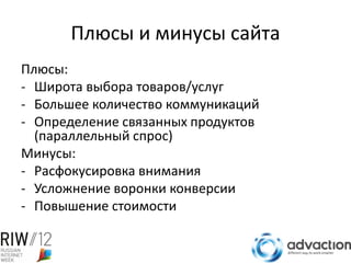 Плюсы и минусы сайта
Плюсы:
- Широта выбора товаров/услуг
- Большее количество коммуникаций
- Определение связанных продуктов
  (параллельный спрос)
Минусы:
- Расфокусировка внимания
- Усложнение воронки конверсии
- Повышение стоимости
 
