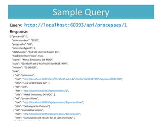 Sample Query
Query: http://localhost:60393/api/processes/1
Response:
[{ "processID": 1,
"referenceYear": "2013",
"geography": "US",
"referenceTypeID": 1,
"dataSource": "Full UO LCA Flat Export BK",
"hasElementaryFlows": true,
"name": "Metal Emissions, DK MDO",
"uuid": "01c96a9f-aeb1-4c5f-bc36-5de9638799f9",
"version": "00.00.000",
"links": [
{ "rel": "reference",
"href": "http://localhost:60393/xml/01c96a9f-aeb1-4c5f-bc36-5de9638799f9?version=00.00.000",
"title": "Link to ILCD Data Set" },
{ "rel": "self",
"href": "http://localhost:60393/api/processes/1",
"title": "Metal Emissions, DK MDO" },
{ "rel": "process flows",
"href": "http://localhost:60393/api/processes/1/processflows",
"title": "Exchanges for Process"},
{ "rel": "cumulative scores",
"href": "http://localhost:60393/api/processes/1/lciaresults",
"title": "Cumulative LCIA results for all LCIA methods" },
 