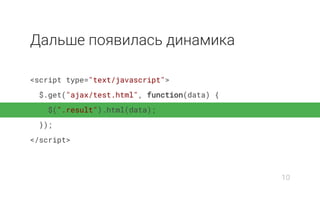 Дальше появилась динамика
<script type="text/javascript">
$.get("ajax/test.html", function(data) {
$(".result").html(data);
});
</script>
10
 