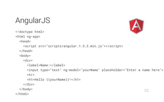 <!doctype html>
<html ng-app>
<head>
<script src="scripts/angular.1.5.3.min.js"></script>
</head>
<body>
<div>
<label>Name:</label>
<input type="text" ng-model="yourName" placeholder="Enter a name here">
<hr>
<h1>Hello {{yourName}}!</h1>
</div>
</body>
</html>
AngularJS
25
 