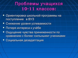 Проблемы учащихсяПроблемы учащихся
10-11 :классов10-11 :классов
 Ориентировка школьной программы наОриентировка школьной программы на
поступление в ВУЗпоступление в ВУЗ
 Снижение уровня успеваемостиСнижение уровня успеваемости
 Потеря интереса к учёбеПотеря интереса к учёбе
 Ощущение чувства приниженности поОщущение чувства приниженности по
« »сравнению с более сильными учениками« »сравнению с более сильными учениками
 Социальная дезадаптацияСоциальная дезадаптация
 