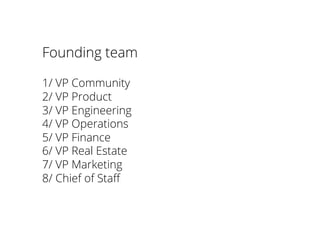 Founding team
1/ VP Community
2/ VP Product
3/ VP Engineering
4/ VP Operations
5/ VP Finance
6/ VP Real Estate
7/ VP Marketing
8/ Chief of Staﬀ
 