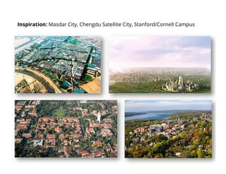 Inspiration: Masdar City, Chengdu Satellite City, Stanford/Cornell Campus
 