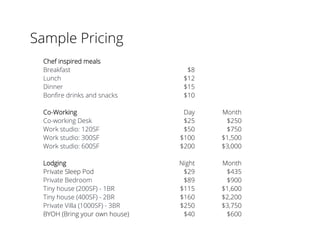 Sample Pricing
Chef inspired meals
Breakfast $8
Lunch  $12
Dinner  $15
Bonﬁre drinks and snacks $10
Co-Working Day Month
Co-working Desk $25 $250
Work studio: 120SF $50 $750
Work studio: 300SF $100 $1,500
Work studio: 600SF $200 $3,000
Lodging Night Month
Private Sleep Pod $29 $435
Private Bedroom $89 $900
Tiny house (200SF) - 1BR $115 $1,600
Tiny house (400SF) - 2BR $160 $2,200
Private Villa (1000SF) - 3BR $250 $3,750
BYOH (Bring your own house) $40 $600
 