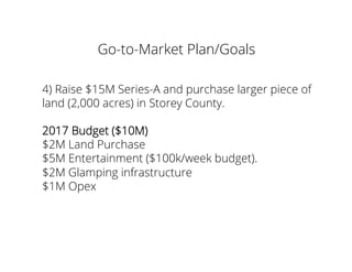 Go-to-Market Plan/Goals
4) Raise $15M Series-A and purchase larger piece of
land (2,000 acres) in Storey County.
2017 Budget ($10M)
$2M Land Purchase
$5M Entertainment ($100k/week budget).
$2M Glamping infrastructure
$1M Opex
 