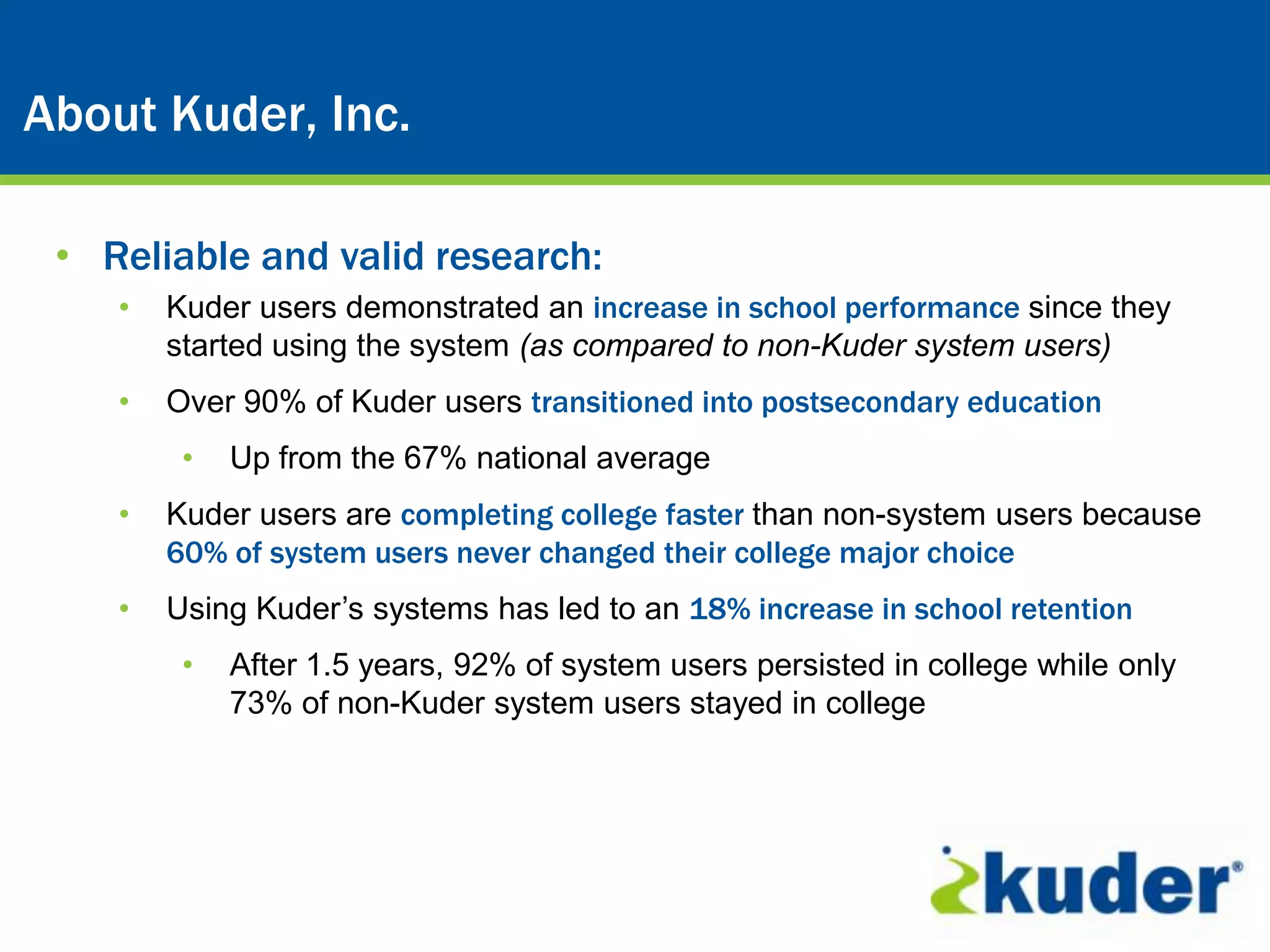 About Kuder, Inc.

 • Reliable and valid research:
    •   Kuder users demonstrated an increase in school performance since they
        started using the system (as compared to non-Kuder system users)
    •   Over 90% of Kuder users transitioned into postsecondary education
         •   Up from the 67% national average
    •   Kuder users are completing college faster than non-system users because
        60% of system users never changed their college major choice
    •   Using Kuder’s systems has led to an 18% increase in school retention
         •   After 1.5 years, 92% of system users persisted in college while only
             73% of non-Kuder system users stayed in college
 