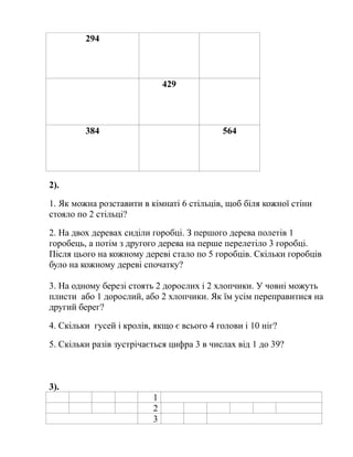 294
429
384 564
2).
1. Як можна розставити в кімнаті 6 стільців, щоб біля кожної стіни
стояло по 2 стільці?
2. На двох деревах сиділи горобці. З першого дерева полетів 1
горобець, а потім з другого дерева на перше перелетіло 3 горобці.
Після цього на кожному дереві стало по 5 горобців. Скільки горобців
було на кожному дереві спочатку?
3. На одному березі стоять 2 дорослих і 2 хлопчики. У човні можуть
плисти або 1 дорослий, або 2 хлопчики. Як їм усім переправитися на
другий берег?
4. Скільки гусей і кролів, якщо є всього 4 голови і 10 ніг?
5. Скільки разів зустрічається цифра 3 в числах від 1 до 39?
3).
1
2
3
 