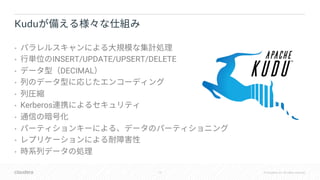 12 © Cloudera, Inc. All rights reserved.
•
• INSERT/UPDATE/UPSERT/DELETE
• DECIMAL
•
•
• Kerberos
•
•
•
•
Kudu
 