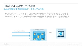 17 © Cloudera, Inc. All rights reserved.
• OLTP OLAP 1 DB
•
HTAP DB
Kudu
insert/update/delete
HTAP DWH BI
select
Kudu
 