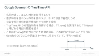 27 © Cloudera, Inc. All rights reserved.
• API
• GPS
•
• TrueTime API TT.now() TTinterval
• TT.now()
• Google DC 1 7ms 4ms
Google Spanner TrueTime API
earliest latest
TT"#$%&'(): %(&)"%+$, )($%+$
TT,now()
--
 