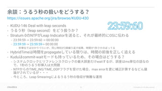 50 © Cloudera, Inc. All rights reserved.
• KUDU-146 Deal with leap seconds
• leap second
• Stratum 0 NTP Leap Indicator OS
• 23:59:59 -> 23:59:60 -> 00:00:00
• 23:59:59 -> 23:59:59-> 00:00:00
• 2 1
• HybridTime propagate
• Kudu commit-wait
• wait ms
1
• NTP TIME_INS/TIME_OOP max error
• Leap Smearing
https://issues.apache.org/jira/browse/KUDU-430
 