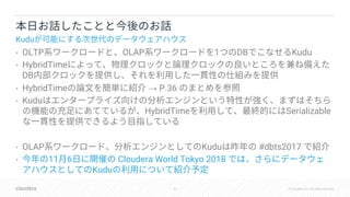 57 © Cloudera, Inc. All rights reserved.
• OLTP OLAP 1 DB Kudu
• HybridTime
DB
• HybridTime → P.36
• Kudu
HybridTime Serializable
• OLAP Kudu #dbts2017
• 11 6 Cloudera World Tokyo 2018
Kudu
Kudu
 