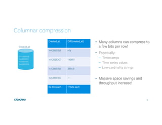 29
Columnar compression
{1442865158,
1442828307,
1442865156,
1442865155}
Created_at
Created_at Diff(created_at)
1442865158 n/a
1442828307 -36851
1442865156 36849
1442865155 -1
64 bits each 17 bits each
•  Many columns can compress to
a few bits per row!
•  Especially:
–  Timestamps
–  Time series values
–  Low-cardinality strings
•  Massive space savings and
throughput increase!
 