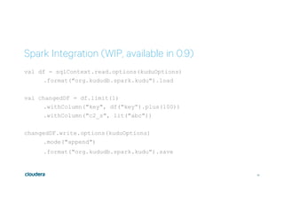 32
Spark Integration (WIP, available in 0.9)
val df = sqlContext.read.options(kuduOptions)
.format("org.kududb.spark.kudu").load
val changedDF = df.limit(1)
.withColumn("key", df("key”).plus(100))
.withColumn("c2_s", lit("abc"))
changedDF.write.options(kuduOptions)
.mode("append")
.format("org.kududb.spark.kudu").save
 