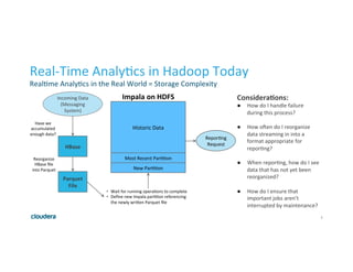 5
Real-Time	Analy1cs	in	Hadoop	Today	
Real1me	Analy1cs	in	the	Real	World	=	Storage	Complexity	
Considera*ons:	
●  How	do	I	handle	failure	
during	this	process?	
	
●  How	oEen	do	I	reorganize	
data	streaming	in	into	a	
format	appropriate	for	
repor1ng?	
	
●  When	repor1ng,	how	do	I	see	
data	that	has	not	yet	been	
reorganized?	
	
●  How	do	I	ensure	that	
important	jobs	aren’t	
interrupted	by	maintenance?	
New	Par11on	
Most	Recent	Par11on	
Historic	Data	
HBase	
Parquet	
File	
Have	we	
accumulated	
enough	data?	
Reorganize	
HBase	ﬁle	
into	Parquet	
•  Wait	for	running	opera1ons	to	complete		
•  Deﬁne	new	Impala	par11on	referencing	
the	newly	wriRen	Parquet	ﬁle	
Incoming	Data	
(Messaging	
System)	
Repor1ng	
Request	
Impala	on	HDFS	
 