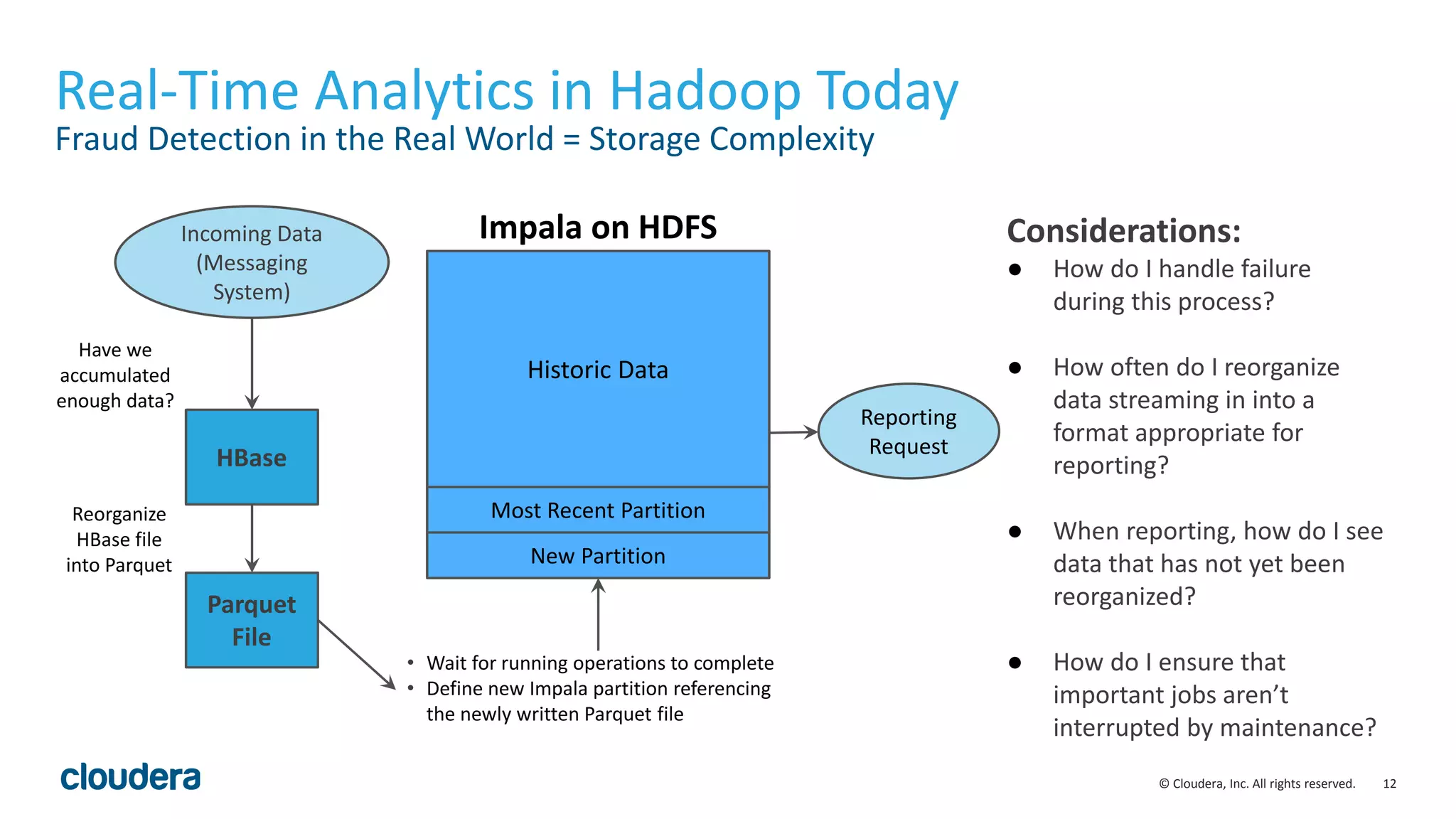 12© Cloudera, Inc. All rights reserved.
Real-Time Analytics in Hadoop Today
Fraud Detection in the Real World = Storage Complexity
Considerations:
● How do I handle failure
during this process?
● How often do I reorganize
data streaming in into a
format appropriate for
reporting?
● When reporting, how do I see
data that has not yet been
reorganized?
● How do I ensure that
important jobs aren’t
interrupted by maintenance?
New Partition
Most Recent Partition
Historic Data
HBase
Parquet
File
Have we
accumulated
enough data?
Reorganize
HBase file
into Parquet
• Wait for running operations to complete
• Define new Impala partition referencing
the newly written Parquet file
Incoming Data
(Messaging
System)
Reporting
Request
Impala on HDFS
 