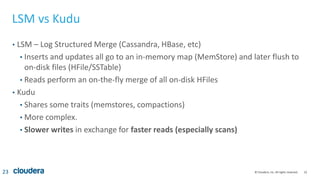 23© Cloudera, Inc. All rights reserved.
LSM vs Kudu
• LSM – Log Structured Merge (Cassandra, HBase, etc)
• Inserts and updates all go to an in-memory map (MemStore) and later flush to
on-disk files (HFile/SSTable)
• Reads perform an on-the-fly merge of all on-disk HFiles
• Kudu
• Shares some traits (memstores, compactions)
• More complex.
• Slower writes in exchange for faster reads (especially scans)
23
 