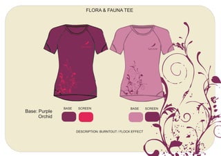 FLORA & FAUNA TEE




               BASE    SCREEN                      BASE      SCREEN
Base: Purple
      Orchid


                      DESCRIPTION: BURNTOUT / FLOCK EFFECT
 