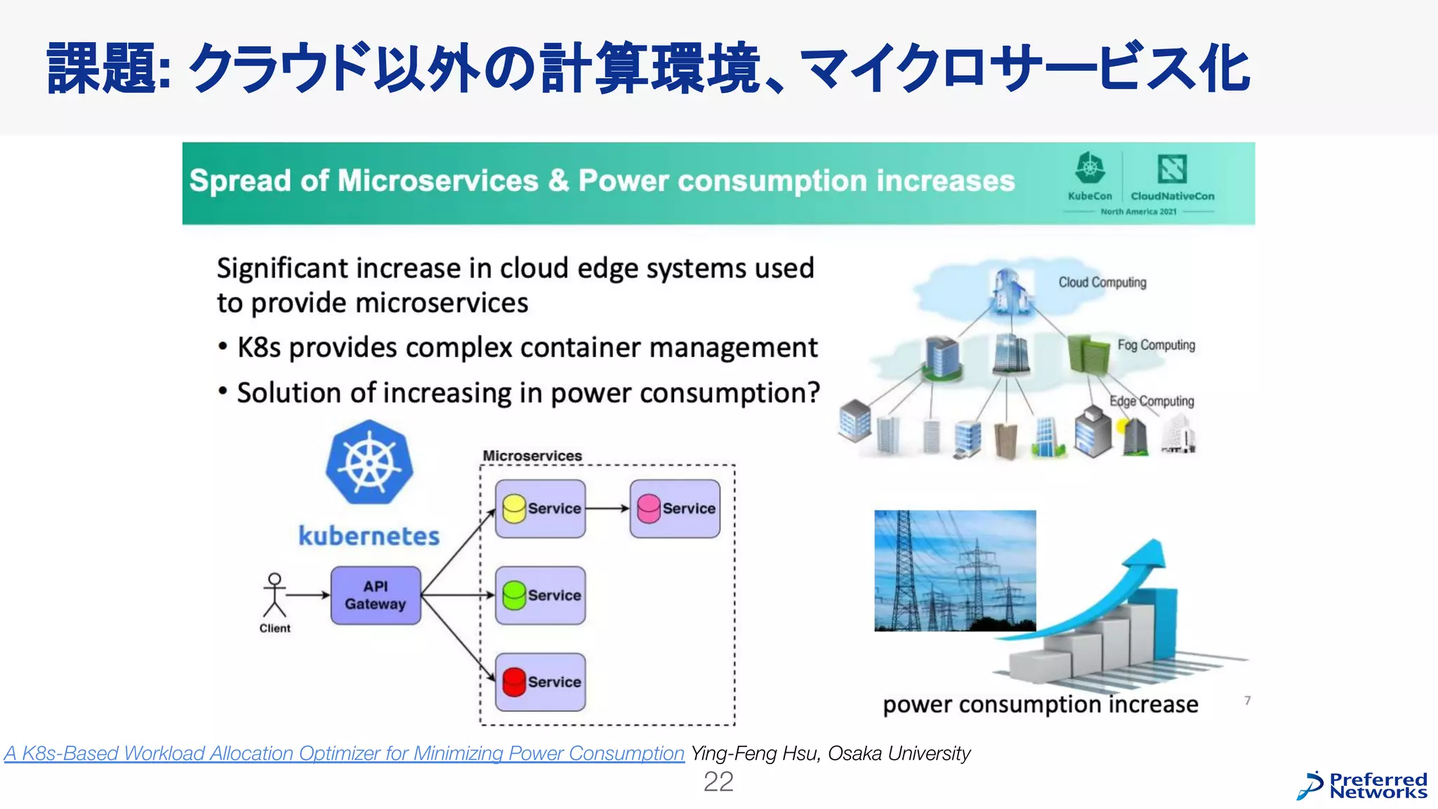 22
課題: クラウド以外の計算環境、マイクロサービス化
A K8s-Based Workload Allocation Optimizer for Minimizing Power Consumption Ying-Feng Hsu, Osaka University
 