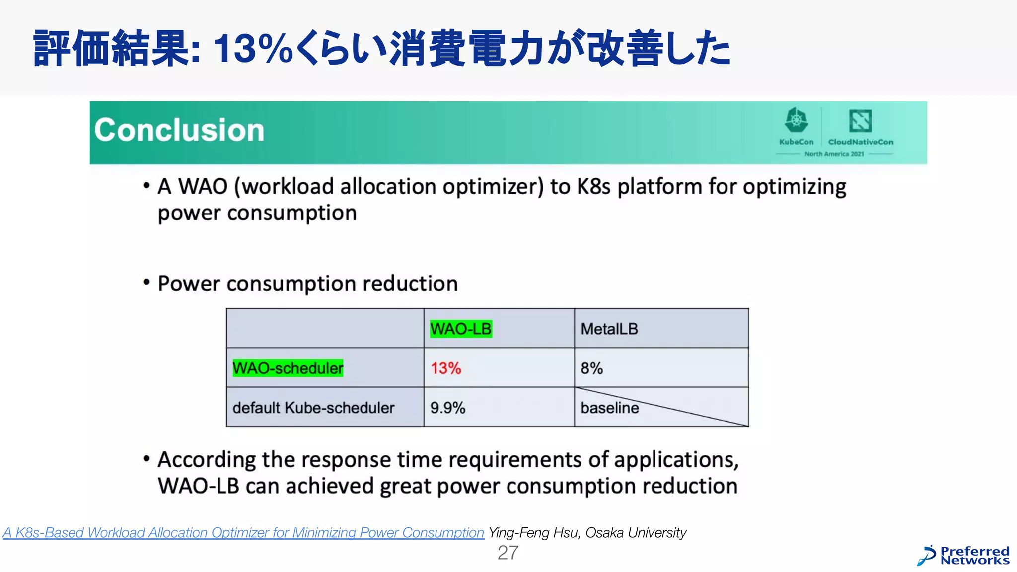 評価結果: 13%くらい消費電力が改善した
27
A K8s-Based Workload Allocation Optimizer for Minimizing Power Consumption Ying-Feng Hsu, Osaka University
 
