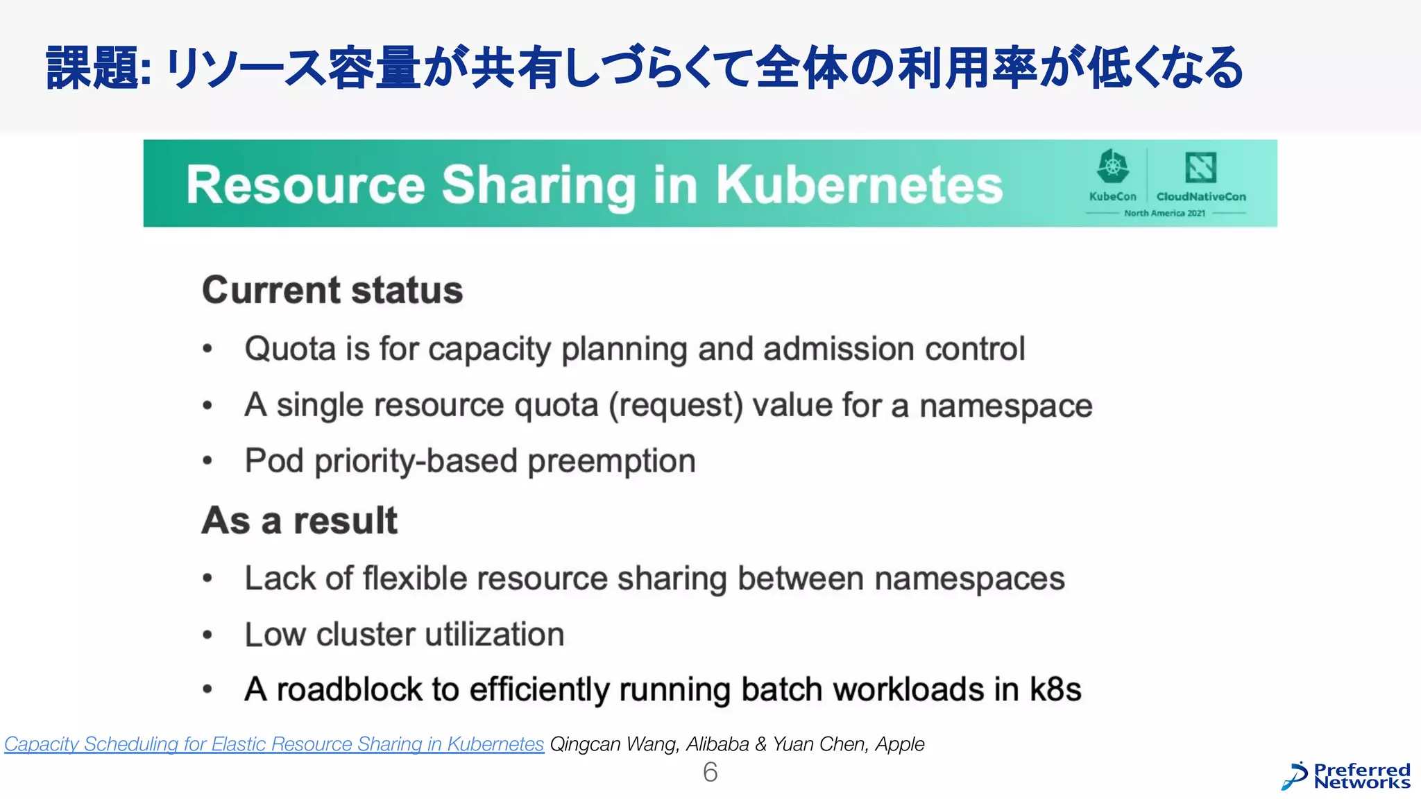 課題: リソース容量が共有しづらくて全体の利用率が低くなる
6
Capacity Scheduling for Elastic Resource Sharing in Kubernetes Qingcan Wang, Alibaba & Yuan Chen, Apple
 