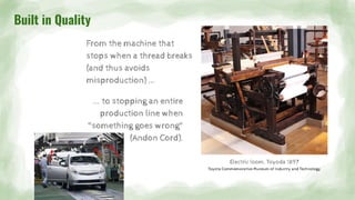 Built in Quality
... to stopping an entire
production line when
"something goes wrong"
(Andon Cord).
From the machine that
stops when a thread breaks
(and thus avoids
misproduction) ...
Electric loom, Toyoda 1897
Toyota Commemorative Museum of Industry and Technology
 