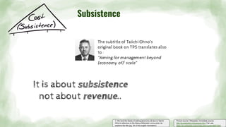 It is about subsistence
not about revenue..
Picture source: Wikipedia, Immediate source:
http://toyotahistory.info/people.html, Fair use,
https://en.wikipedia.org/w/index.php?curid=46971844
The subtitle of Taiichi Ohno’s
original book on TPS translates also
to :
“Aiming for management beyond
[economy of]1
scale”
Subsistence
1: We took the liberty of adding [economy of] due to Taiichi
Ohno‘s reference to the Maxcy-Silberston curve when he
explains the title (pg. 34 of the english translation)
 