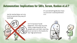 Autonomation: Implications for SAFe, Scrum, Kanban et.al.?
Jira (or similar) does not rule
over my process (my way of
working)
If I use something like Jira I have
to rule over it and be proficient
in it.
In IT: If we have "build
pipelines", then they must be
really understood by all the
people who use them. And they
must not rest in the hands of a
few ‘high priestesses.‘
 