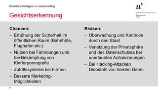 13
Künstliche Intelligenz in unserem Alltag
Gesichtserkennung
Chancen:
− Erhöhung der Sicherheit im
öffentlichen Raum (Bahnhöfe,
Flughafen etc.)
− Nutzen bei Fahndungen und
bei Bekämpfung von
Kinderpornografie
− Zutrittssysteme bei Firmen
− Bessere Marketing-
Möglichkeiten
Risiken:
− Überwachung und Kontrolle
durch den Staat
− Verletzung der Privatsphäre
und des Datenschutzes bei
unerlaubten Aufzeichnungen
− Bei Hacking-Attacken
Diebstahl von heiklen Daten
 