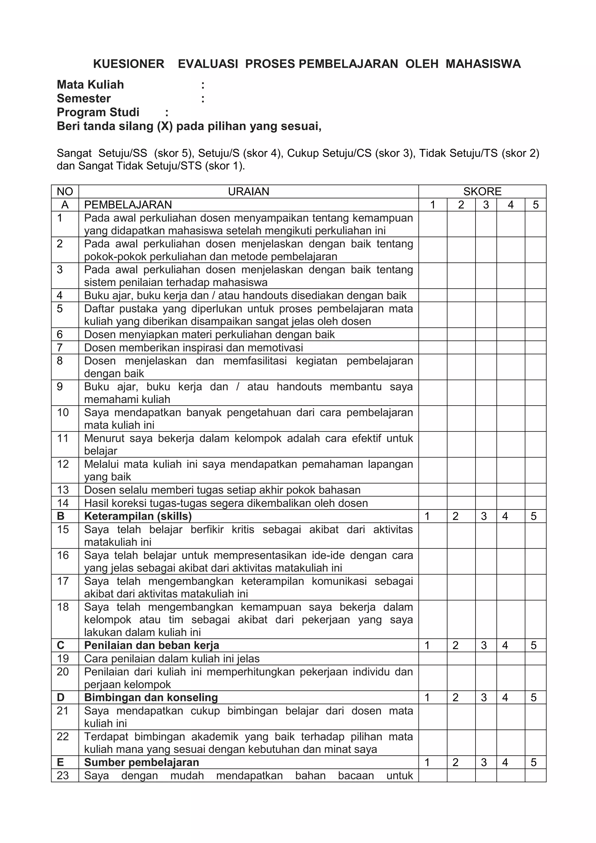 Kuesioner evaluasi proses pembelajaran oleh mahasiswa | DOCX