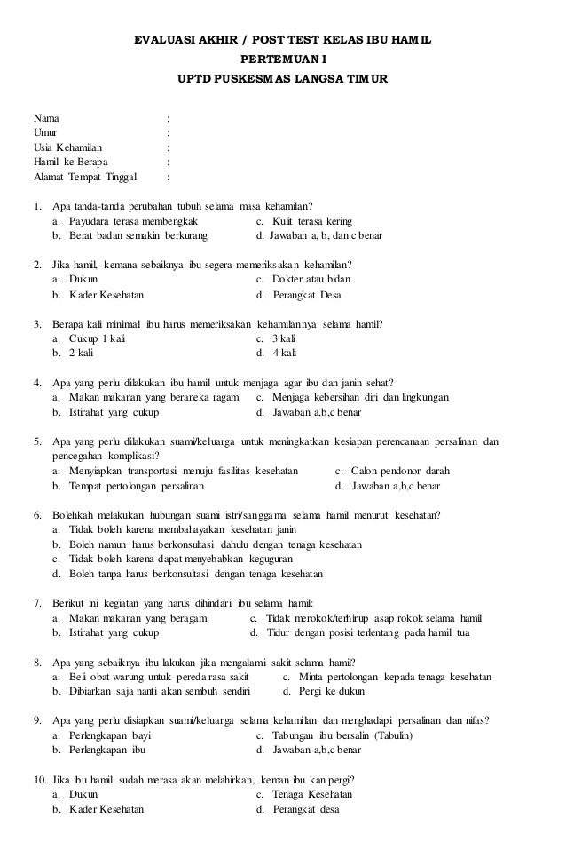 Contoh Soal Pre Test Dan Post Tes Kelas Ibu Hamil Jawabanku Id