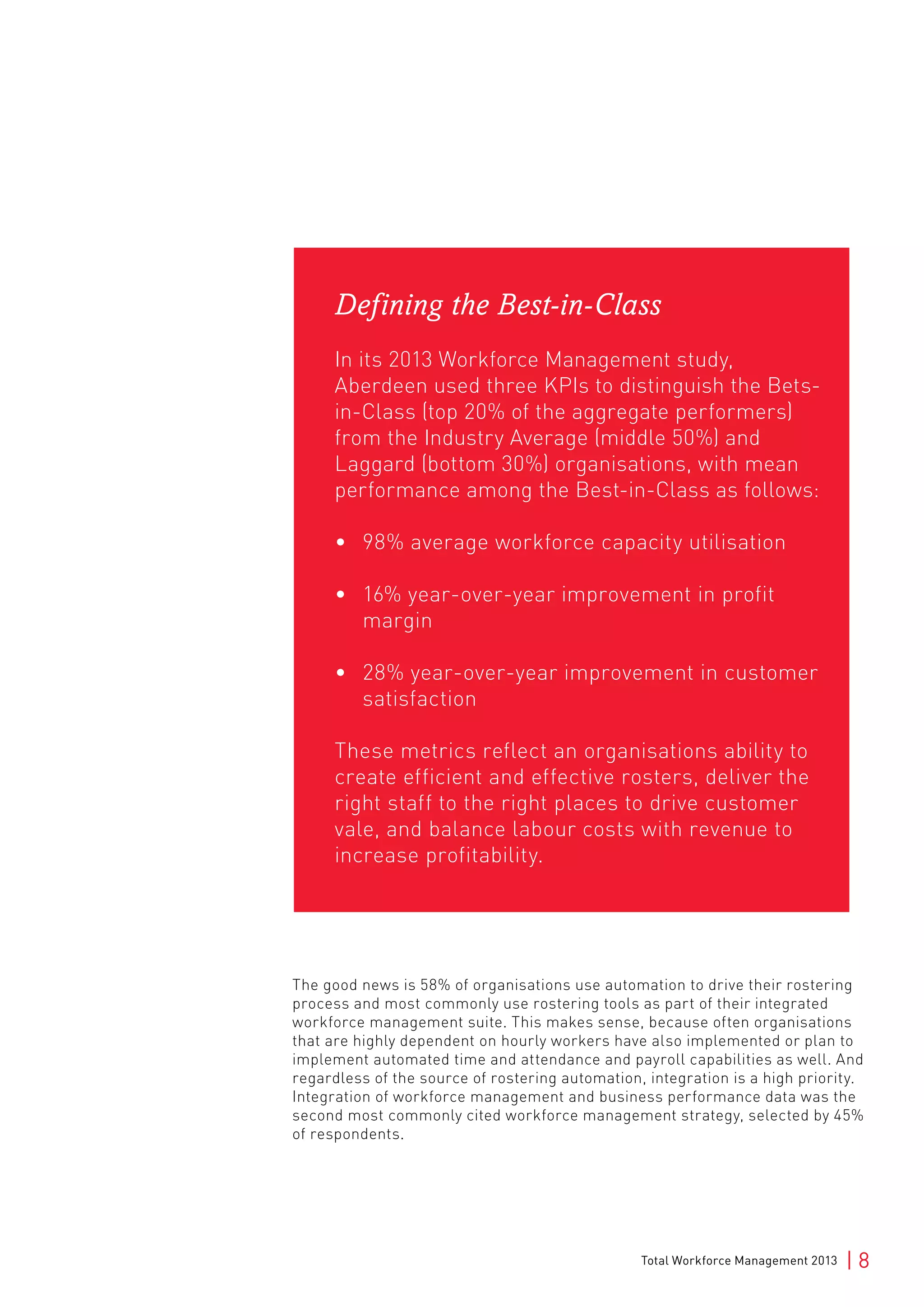 Total Workforce Management 2013 | 8
Defining the Best-in-Class
In its 2013 Workforce Management study,
Aberdeen used three KPIs to distinguish the Bets-
in-Class (top 20% of the aggregate performers)
from the Industry Average (middle 50%) and
Laggard (bottom 30%) organisations, with mean
performance among the Best-in-Class as follows:
•	 98% average workforce capacity utilisation
•	 16% year-over-year improvement in profit
margin
•	 28% year-over-year improvement in customer
satisfaction
These metrics reflect an organisations ability to
create efficient and effective rosters, deliver the
right staff to the right places to drive customer
vale, and balance labour costs with revenue to
increase profitability.
The good news is 58% of organisations use automation to drive their rostering
process and most commonly use rostering tools as part of their integrated
workforce management suite. This makes sense, because often organisations
that are highly dependent on hourly workers have also implemented or plan to
implement automated time and attendance and payroll capabilities as well. And
regardless of the source of rostering automation, integration is a high priority.
Integration of workforce management and business performance data was the
second most commonly cited workforce management strategy, selected by 45%
of respondents.
 