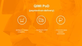 QIWI PoD
(payment-on-delivery)
Добавьте товары
в корзину…
…Выберите QIWI
PoD…
…Оплатите заказ
курьеру
наличными
 