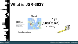 © 2017-2018 Creative Arts & Technologies and others. All rights reserved.#Physikal @UnitAPI
What is JSR-363?
Munich
San Francisco
5,858 miles
A Quantity
A Unit
9428 km
Distance between
Munich and
San Francisco
 