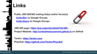 © 2017-2018 Creative Arts & Technologies and others. All rights reserved.#Physikal @UnitAPI
Links
Public JSR-385/363 mailing list(s) and/or forum(s)
Units-Dev on Google Groups
Units-Users on Google Groups
JSR-385 page: https://jcp.org/en/jsr/detail?id=385…
Project Website: http://unitsofmeasurement.github.io on GitHub
Tenkiv: https://tenkiv.com
Physikal: https://github.com/Tenkiv/Physikal
 