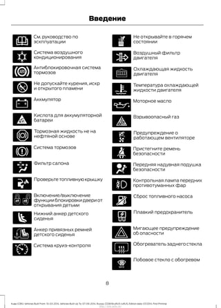 См. руководство по
эскплуатации
Система воздушного
кондиционирования
Антиблокировочная система
тормозов
Не допускайте курения, искр
и открытого пламени
Аккмулятор
Кислота для аккумуляторной
батареи
Тормозная жидкость не на
нефтяной основе
Система тормозов
Фильтр салона
Проверьтетопливнуюкрышку
Включение/выключение
функцииблокировкидвериот
открывания детьми
Нижний анкер детского
сиденья
Анкер привязных ремней
детского сиденья
Система круиз-контроля
Не открывайте в горячем
состоянии
Воздушный фильтр
двигателя
Охлаждающая жидкость
двигателя
Температура охлаждающей
жидкости двигателя
Моторное масло
Взрывоопасный газ
Предупреждение о
работающем вентиляторе
Пристегните ремень
безопасности
Передняя надувная подушка
безопасности
Контрольная лампа передних
противотуманных фар
Сброс топливного насоса
Плавкий предохранитель
Мигающее предупреждение
об опасности
Обогреватель заднего стекла
Лобовое стекло с обогревом
8
Kuga (CBS) Vehicles Built From: 10-03-2014, Vehicles Built Up To: 07-09-2014, Russia, CG3616ruRUS ruRUS, Edition date: 07/2014, First Printing
Введение
http://ava-avto.ru/
 