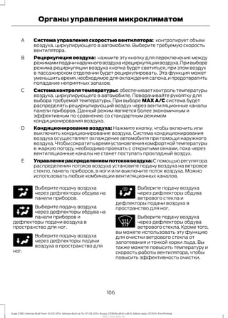 Система управления скоростью вентилятора: контролирует объем
воздуха, циркулирующего в автомобиле. Выберите требуемую скорость
вентилятора.
A
Рециркуляция воздуха: нажмите эту кнопку для переключения между
режимамиподачинаружноговоздухаирециркуляциивоздуха.Привыборе
режима рециркуляции воздуха кнопка будет светиться, при этом воздух
в пассажирском отделении будет рециркулировать. Эта функция может
уменьшитьвремя,необходимоедляохлаждениясалона,ипредотвратить
попадание неприятных запахов.
B
Системаконтролятемпературы: обеспечиваетконтрольтемпературы
воздуха, циркулирующего в автомобиле. Поворачивайте рукоятку для
выбора требуемой температуры. При выборе MAX A/C система будет
распределять рециркулирующий воздух через вентиляционные каналы
панели приборов. Данный режим является более экономичным и
эффективным по сравнению со стандартным режимом
кондиционирования воздуха.
C
Кондиционирование воздуха: Нажмите кнопку, чтобы включить или
выключить кондиционирование воздуха. Система кондиционирования
воздуха осуществляет охлаждение автомобиля при помощи наружного
воздуха.Чтобы сократить время установления комфортной температуры
в жаркую погоду, необходимо проехать с открытыми окнами, пока через
вентиляционные каналы не станет поступать прохладный воздух.
D
Управлениераспределениемпотоковвоздуха:Спомощьюрегулятора
распределения потоков воздуха установите подачу воздуха на ветровое
стекло, панель приборов, в ноги или выключите поток воздуха. Можно
использовать любые комбинации вентиляционных каналов.
E
Выберите подачу воздуха
через дефлекторы обдува на
панели приборов.
Выберите подачу воздуха
через дефлекторы обдува на
панели приборов и
дефлекторы подачи воздуха в
пространство для ног.
Выберите подачу воздуха
через дефлекторы подачи
воздуха в пространство для
ног.
Выберите подачу воздуха
через дефлекторы обдува
ветрового стекла и
дефлекторы подачи воздуха в
пространство для ног.
Выберите подачу воздуха
через дефлекторы обдува
ветрового стекла. Кроме того,
вы можете использовать эту функцию
для очистки ветрового стекла от
запотевания и тонкой корки льда. Вы
также можете повысить температуру и
скорость работы вентилятора, чтобы
повысить эффективность очистки.
106
Kuga (CBS) Vehicles Built From: 10-03-2014, Vehicles Built Up To: 07-09-2014, Russia, CG3616ruRUS ruRUS, Edition date: 07/2014, First Printing
Органы управления микроклиматом
http://ava-avto.ru/
 