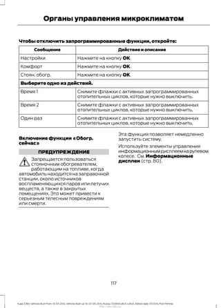 Чтобы отключить запрограммированные функции, откройте:
Действие и описаниеСообщение
Нажмите на кнопку ОК.Настройки
Нажмите на кнопку ОК.Комфорт
Нажмите на кнопку ОК.Стоян. обогр.
Выберите одно из действий.
Снимите флажки с активных запрограммированных
отопительных циклов, которые нужно выключить.
Время 1
Снимите флажки с активных запрограммированных
отопительных циклов, которые нужно выключить.
Время 2
Снимите флажки с активных запрограммированных
отопительных циклов, которые нужно выключить.
Один раз
Включение функции «Обогр.
сейчас»
ПРЕДУПРЕЖДЕНИЕ
Запрещается пользоваться
стояночным обогревателем,
работающим на топливе, когда
автомобиль находится на заправочной
станции, около источников
воспламеняющихся паров или летучих
веществ, а также в закрытых
помещениях. Это может привести к
серьезным телесным повреждениям
или смерти.
Эта функция позволяет немедленно
запустить систему.
Используйте элементы управления
информационнымдисплеемнарулевом
колесе. См. Информационные
дисплеи (стр. 80).
117
Kuga (CBS) Vehicles Built From: 10-03-2014, Vehicles Built Up To: 07-09-2014, Russia, CG3616ruRUS ruRUS, Edition date: 07/2014, First Printing
Органы управления микроклиматом
http://ava-avto.ru/
 