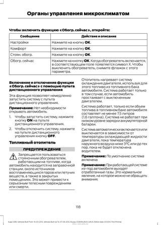 Чтобы включить функцию «Обогр. сейчас», откройте:
Действие и описаниеСообщение
Нажмите на кнопку ОК.Настройки
Нажмите на кнопку ОК.Комфорт
Нажмите на кнопку ОК.Стоян. обогр.
Нажмите на кнопку ОК.Когда обогреватель включается,
в соответствующем поле появляется символ Х. Чтобы
выключить обогреватель, снимите флажок с этого
параметра.
Обогр. сейчас
Включение и отключение функции
«Обогр. сейчас» с помощью пульта
дистанционного управления
Эта функция позволяет немедленно
запустить систему с пульта
дистанционного управления.
Примечание: Нет необходимости
открывать автомобиль.
1. Чтобы запустить систему, нажмите
кнопку ON на пульте
дистанционного управления.
2. Чтобы отключить систему, нажмите
на пульте дистанционного
управления кнопку OFF.
Топливный отопитель
ПРЕДУПРЕЖДЕНИЕ
Запрещается пользоваться
стояночным обогревателем,
работающим на топливе, когда
автомобиль находится на заправочной
станции, около источников
воспламеняющихся паров или летучих
веществ, а также в закрытых
помещениях. Это может привести к
серьезным телесным повреждениям
или смерти.
Отопитель нагревает систему
охлаждения двигателя, используя для
этого топливо из топливного бака
автомобиля. Система работает только
в том случае, если автомобиль
простаивает с выключенным
двигателем.
Система работает, только если объем
топлива в топливном баке автомобиля
составляет не менее 7.5 литров
(1,6 галлона). Система не работает при
низкомуровнезарядкиаккумуляторной
батареи.
Системаавтоматическивключаетсяили
выключается в зависимости от
температуры охлаждающей жидкости
двигателя, пока температура
наружного воздуха ниже 3°C или до тех
пор, пока не будет отключена
водителем.
Примечание: По умолчанию система
включена.
Примечание:Приработающейсистеме
из-под автомобиля выходят
отработанные газы. Это нормальное
явление, на которое можно не обращать
внимания.
118
Kuga (CBS) Vehicles Built From: 10-03-2014, Vehicles Built Up To: 07-09-2014, Russia, CG3616ruRUS ruRUS, Edition date: 07/2014, First Printing
Органы управления микроклиматом
http://ava-avto.ru/
 
