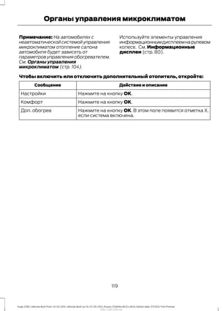 Примечание: На автомобилях с
неавтоматической системой управления
микроклиматом отопление салона
автомобиля будет зависеть от
параметров управления обогревателем.
См. Органы управления
микроклиматом (стр. 104).
Используйте элементы управления
информационнымдисплеемнарулевом
колесе. См. Информационные
дисплеи (стр. 80).
Чтобы включить или отключить дополнительный отопитель, откройте:
Действие и описаниеСообщение
Нажмите на кнопку ОК.Настройки
Нажмите на кнопку ОК.Комфорт
Нажмите на кнопку ОК. В этом поле появится отметка X,
если система включена.
Доп. обогрев
119
Kuga (CBS) Vehicles Built From: 10-03-2014, Vehicles Built Up To: 07-09-2014, Russia, CG3616ruRUS ruRUS, Edition date: 07/2014, First Printing
Органы управления микроклиматом
http://ava-avto.ru/
 