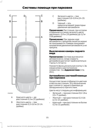 Красного цвета — до
расстояния 0,3 м (12 дюймов)
A
Желтого цвета — при
расстоянии 0,3-0,6 м (12-24
дюйма)
B
Зеленого цвета — при
расстоянии 0,6-0,9 м (24-35
дюймов)
C
Черный — ось
предполагаемой траектории
движения автомобиля
D
Примечание: Расстояние, при котором
отображается линия зеленого цвета,
увеличено с 0,9 м (35 дюймов) до 3,2 м
(126 дюймов).
Примечание: При заднем ходе
автомобиля с прицепом линии на экране
не показываются. Камера показывает
направление движения автомобиля,а не
прицепа.
Выключение камеры заднего
вида
Примечание: Система выключится
автоматически, когда скорость
автомобиля достигнет приблизительно
7 миль/ч (12 км/ч).
Нажмите функциональную кнопку 4.За
сведениями о расположении
элементов: См. Аудиосистема (стр.
264).
Автомобилиссистемойпомощи
при парковке
На дисплее также отобразится цветная
отметка расстояния. Это обозначение
расстояния от заднего бампера до
обнаруженного препятствия.
Цвета несут следующую информацию:
• Зеленый — при расстоянии 0,6-1,8 м
(24-71 дюйма).
• Желтый — при расстоянии 0,3-0,6
м (12-24 дюйма).
• Красный— при расстоянии не более
0,3 м (12 дюймов).
171
Kuga (CBS) Vehicles Built From: 10-03-2014, Vehicles Built Up To: 07-09-2014, Russia, CG3616ruRUS ruRUS, Edition date: 07/2014, First Printing
Системы помощи при парковке
http://ava-avto.ru/
 