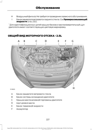 Воздушный фильтр: Не требуется проведение сервисного обслуживания.H
Бачокомывателяветровогоизаднегостекла: См.Проверкаомывающей
жидкости (стр. 232).
I
*
Для идентификационных целей крышки бачков и маслоизмерительный щуп
двигателя имеют соответствующую цветовую маркировку.
ОБЩИЙ ВИД МОТОРНОГО ОТСЕКА - 2.5L
Бачок омывателя ветрового стеклаA
Бачок системы охлаждения двигателяB
Крышка маслоналивной горловины двигателяC
Щуп уровня маслаD
Бачок тормозной жидкостиE
АккмуляторF
227
Kuga (CBS) Vehicles Built From: 10-03-2014, Vehicles Built Up To: 07-09-2014, Russia, CG3616ruRUS ruRUS, Edition date: 07/2014, First Printing
Обслуживание
http://ava-avto.ru/
 