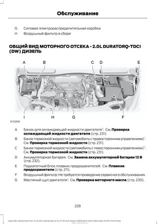 Силовая электрораспределительная коробкаG
Воздушный фильтр в сбореH
ОБЩИЙ ВИД МОТОРНОГО ОТСЕКА - 2.0L DURATORQ-TDCI
(DW) ДИЗЕЛЬ
Бачок для охлаждающей жидкости двигателя
*
: См. Проверка
охлаждающей жидкости двигателя (стр. 231).
A
Бачоктормознойжидкости(автомобильсправостороннимуправлением)
*
:
См. Проверка тормозной жидкости (стр. 231).
B
Бачок тормозной жидкости (автомобиль с левосторонним управлением)
*
:
См. Проверка тормозной жидкости (стр. 231).
С
Аккумуляторная батарея: См. Замена аккумуляторной батареи 12 В
(стр. 232).
D
Подкапотный блок плавких предохранителей: См. Плавкие
предохранители (стр. 211).
E
Воздушный фильтр: Не требуется проведение сервисного обслуживания.F
Масляный щуп двигателя
1
: См. Проверка моторного масла (стр. 230).G
228
Kuga (CBS) Vehicles Built From: 10-03-2014, Vehicles Built Up To: 07-09-2014, Russia, CG3616ruRUS ruRUS, Edition date: 07/2014, First Printing
Обслуживание
http://ava-avto.ru/
 
