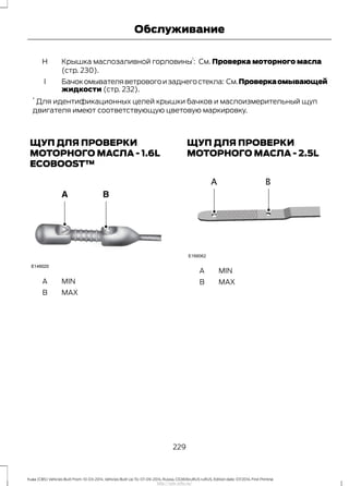 Крышка маслозаливной горловины
1
: См. Проверка моторного масла
(стр. 230).
H
Бачокомывателяветровогоизаднегостекла: См.Проверкаомывающей
жидкости (стр. 232).
I
*
Для идентификационных целей крышки бачков и маслоизмерительный щуп
двигателя имеют соответствующую цветовую маркировку.
ЩУП ДЛЯ ПРОВЕРКИ
МОТОРНОГО МАСЛА - 1.6L
ECOBOOST™
MINA
MAXB
ЩУП ДЛЯ ПРОВЕРКИ
МОТОРНОГО МАСЛА - 2.5L
MINA
MAXB
229
Kuga (CBS) Vehicles Built From: 10-03-2014, Vehicles Built Up To: 07-09-2014, Russia, CG3616ruRUS ruRUS, Edition date: 07/2014, First Printing
Обслуживание
http://ava-avto.ru/
 